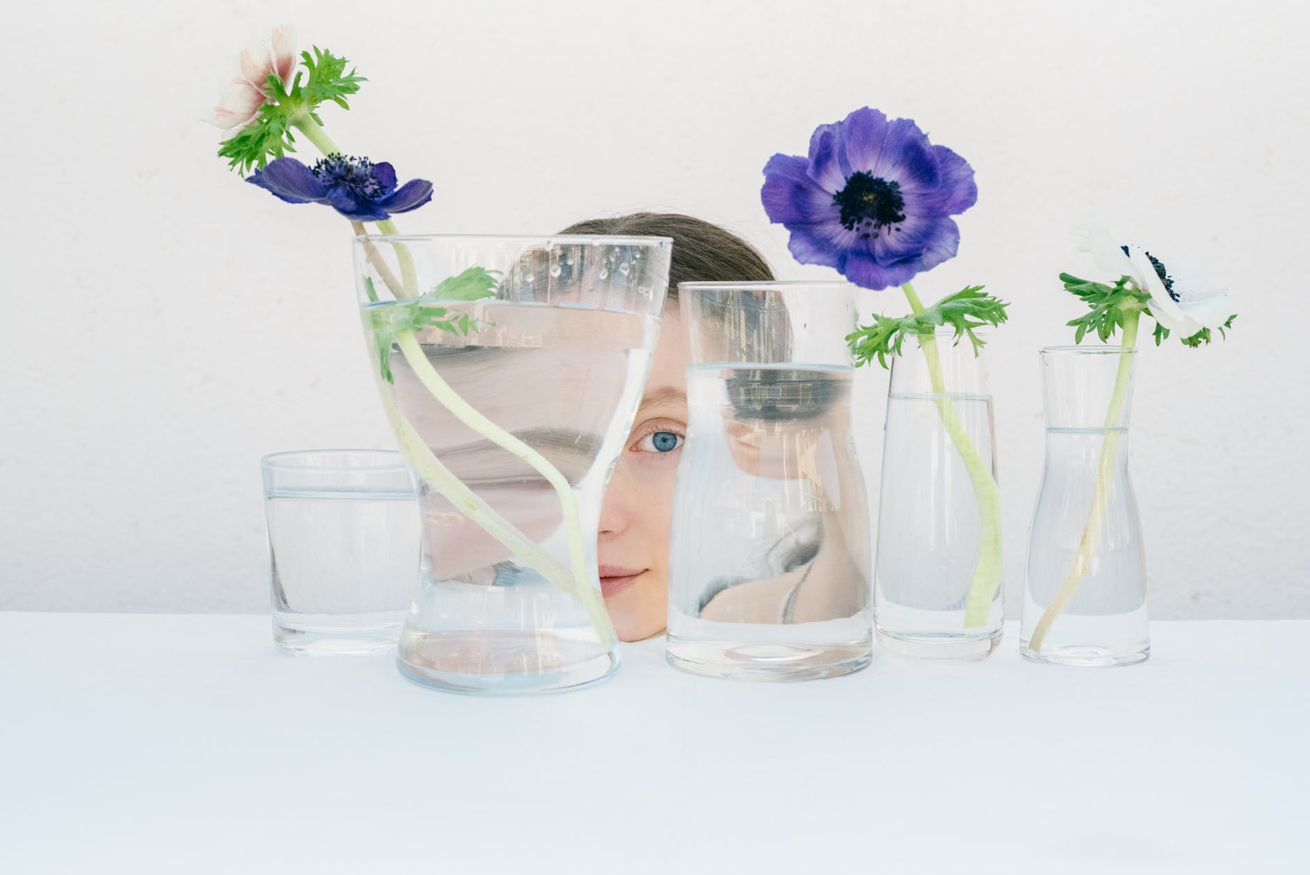 purple flowers in clear glass vase
