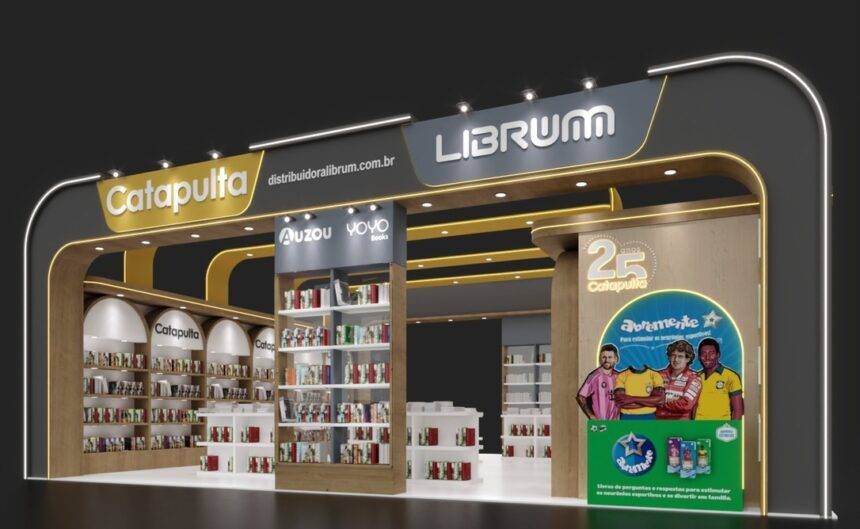 Estande da Librum na 28ª Bienal Internacional do Livro de São Paulo, com lançamentos e livros interativos da Catapulta para diferentes fases da infância